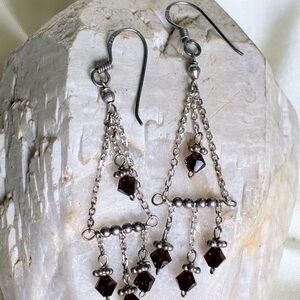 Art Deco Style Dangle Earrings Sterling Silver 925 Deep Red Austrian Crystals